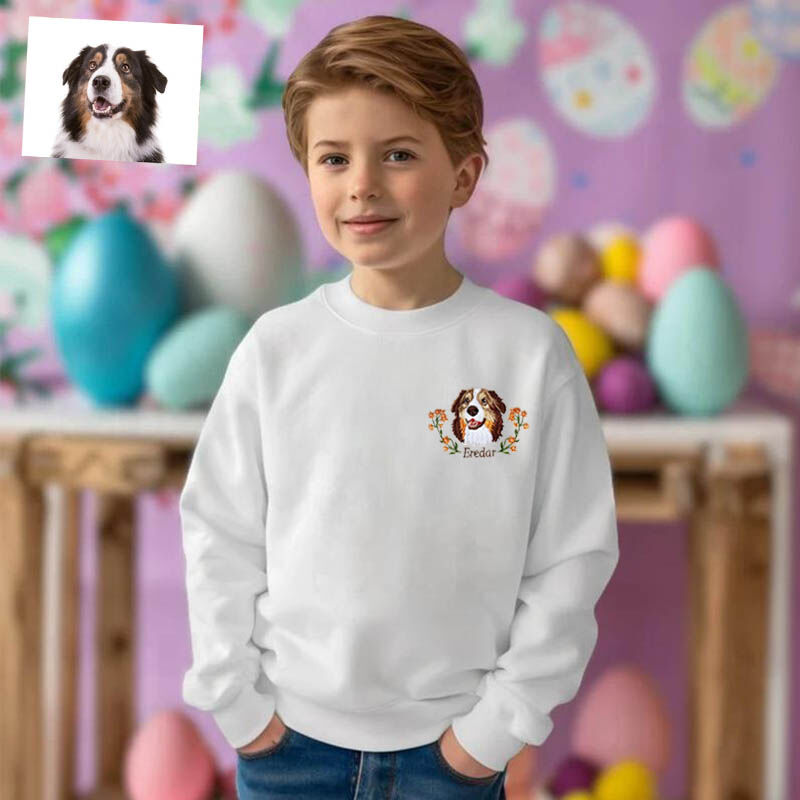 Personalized Kids Embroidered Sweatshirt Color Photo of Pet's Head with Flower Decor Gift for Children