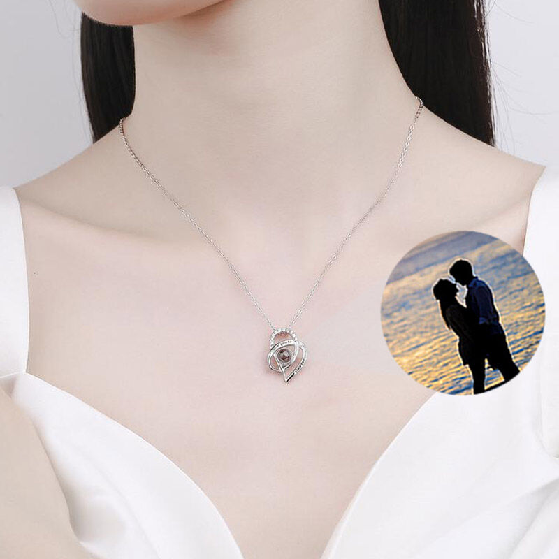 personalisierte Foto Projektion Halskette - Doppelherz Sterling Silber