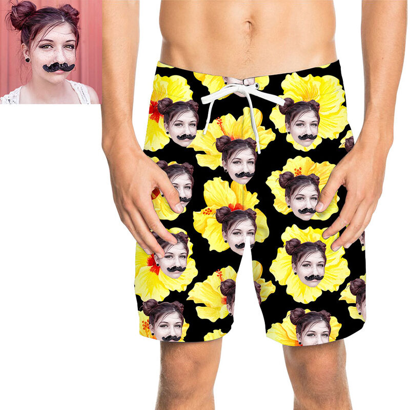 Custom Face Yellow Flowers Men's Beach Shorts