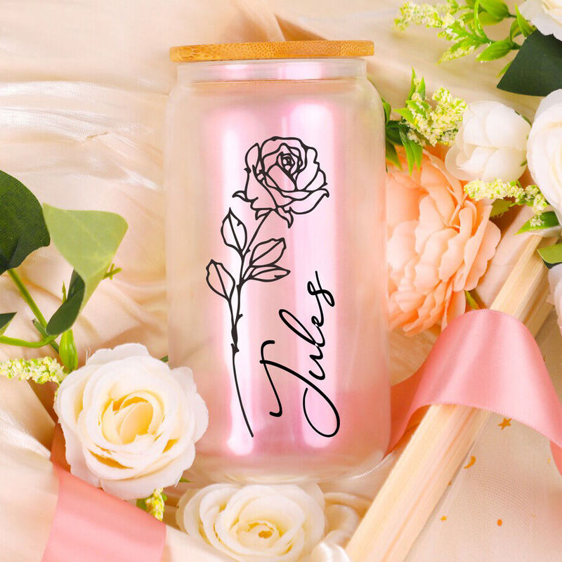 Personalized Name And Birth Flower Glass Cup with Lid And Straw Graceful Present for Bestie