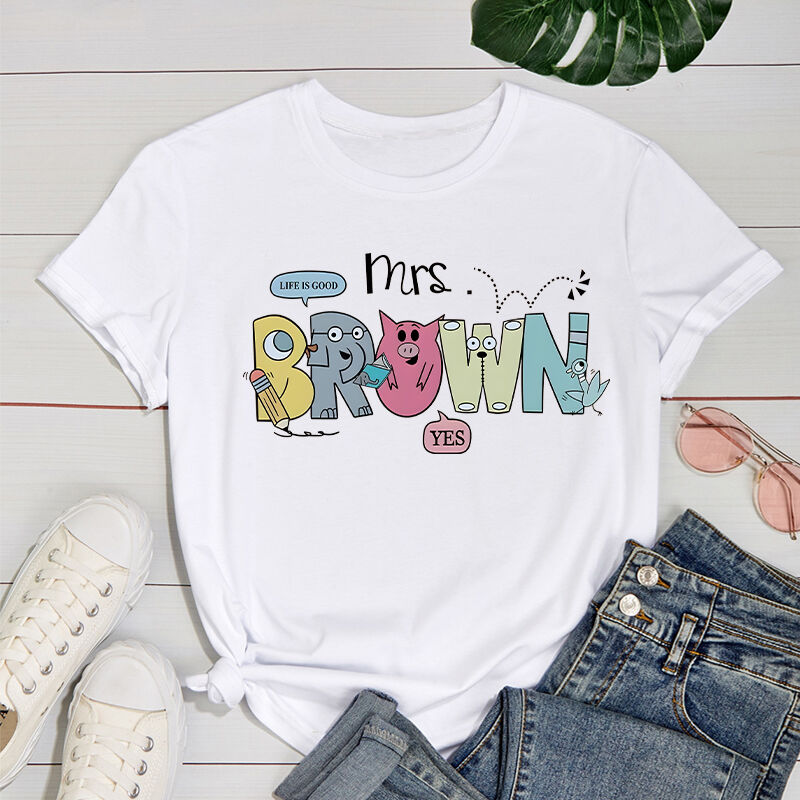 Personalized T-shirt Custom Cute Elephant and Piggie Name Design Funny Teacher Shirt Gift