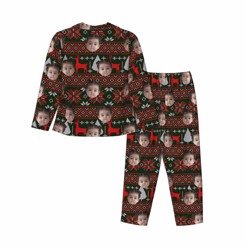 Pyjama personnalisé avec photo personnalisée, motif renne, flocon de neige, rouge et noir, cadeau pour la famille