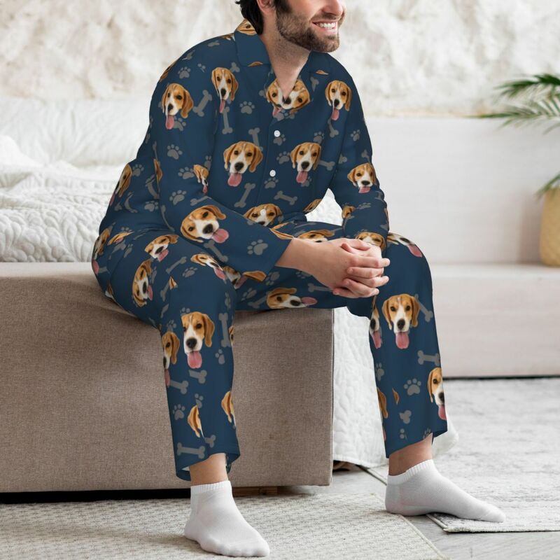 Personalisierte Pyjamas mit Tierfoto Knochen und Pfotenabdrücke-Muster-Design Attraktives Geschenk für Tierliebhaber