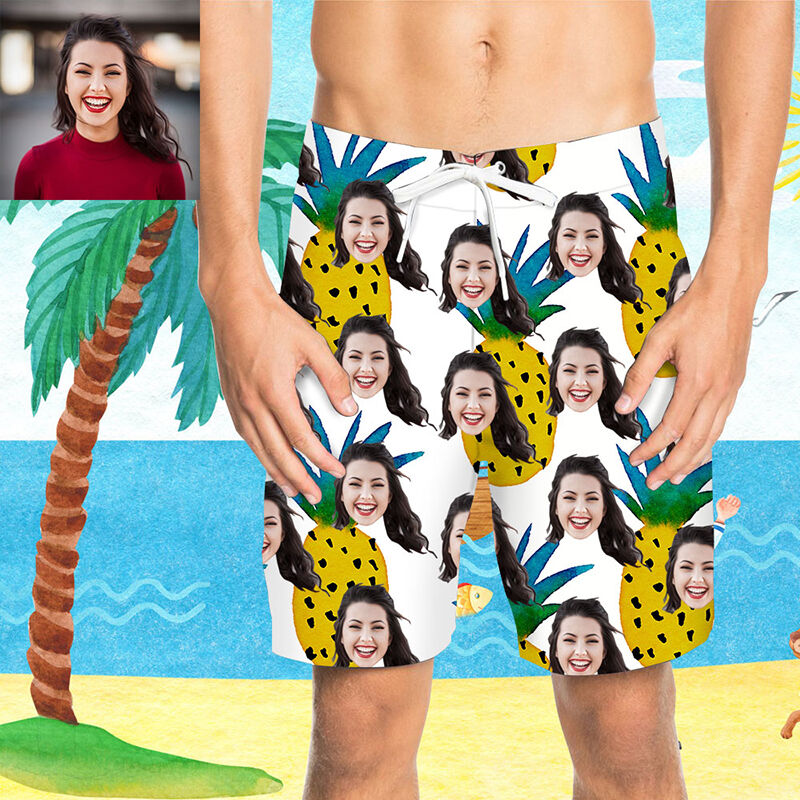 Custom Face Pineapple White Men's Beach Shorts