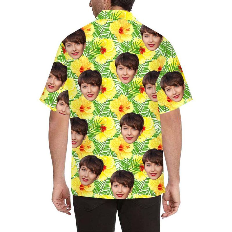 Custom Face Yellow Hibiscus Men's All Over Print Hawaiian Shirt