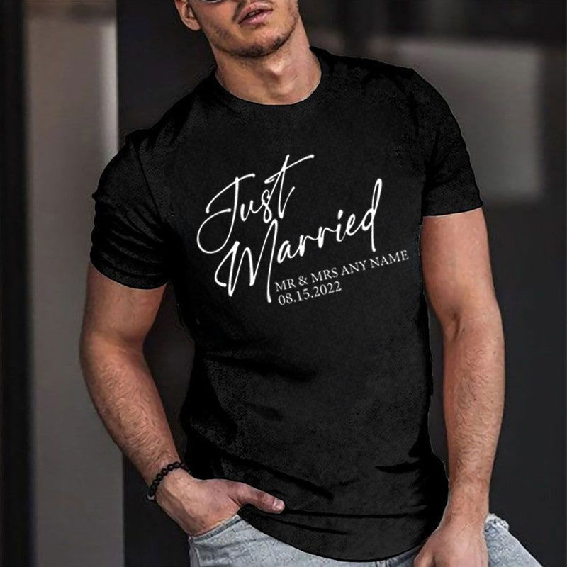 Personalized T-shirt Custom Name and Date Just Married Sign Creative Gift for Wedding Friends