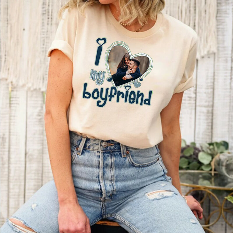 Personalized T-shirt I Love My Boyfriend with Custom Photo Heart Design Attractive Gift for Valentine's Day
