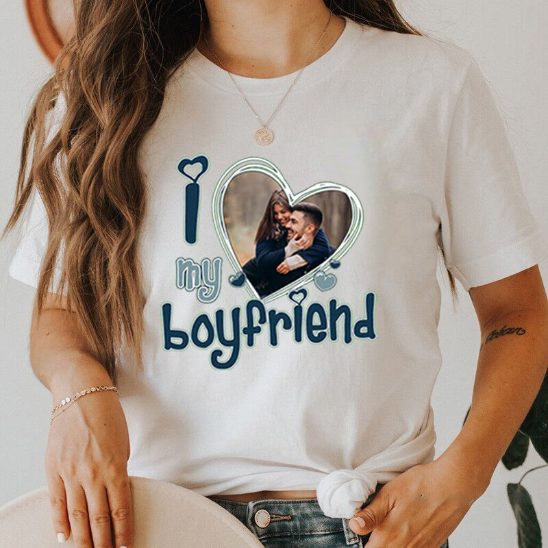 Personalized T-shirt I Love My Boyfriend with Custom Photo Heart Design Attractive Gift for Valentine's Day