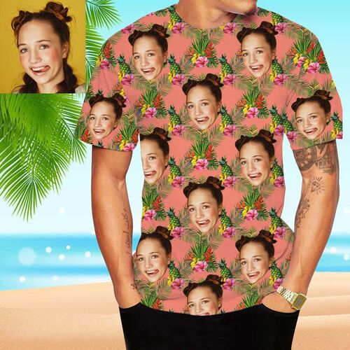 Camiseta hawaiana de cara personalizada de flores rosas y pi?a
