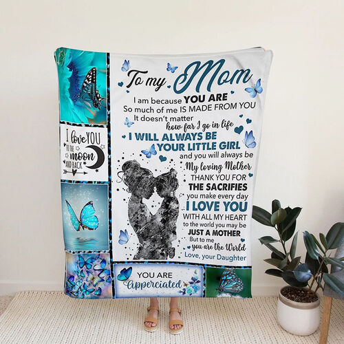Personalized Flannel Letter Blanket Blue Butterfly Pattern Blanket Gift from Daughter for Mom