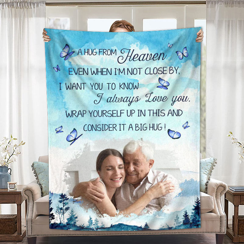 Personalized Picture Blanket with Blue Butterflies Pattern Beautiful Present for Dear Family