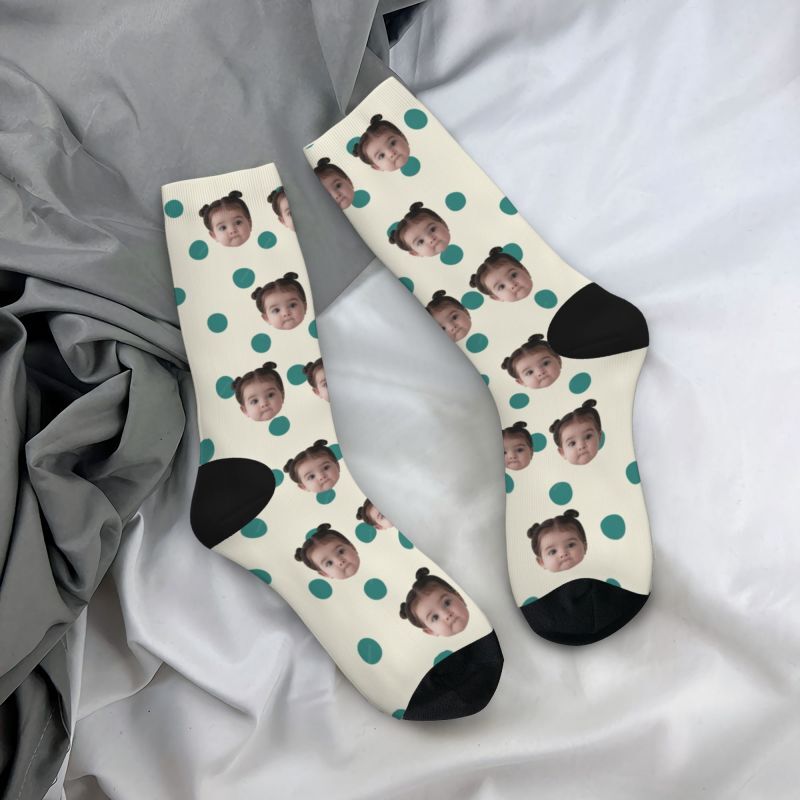 Customized Photo Socks Breathable Material with Green Polka Dots for Friends