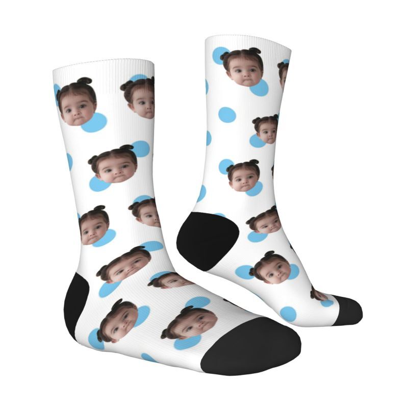 Customized Photo Socks Breathable Material with Blue Polka Dots for Friends