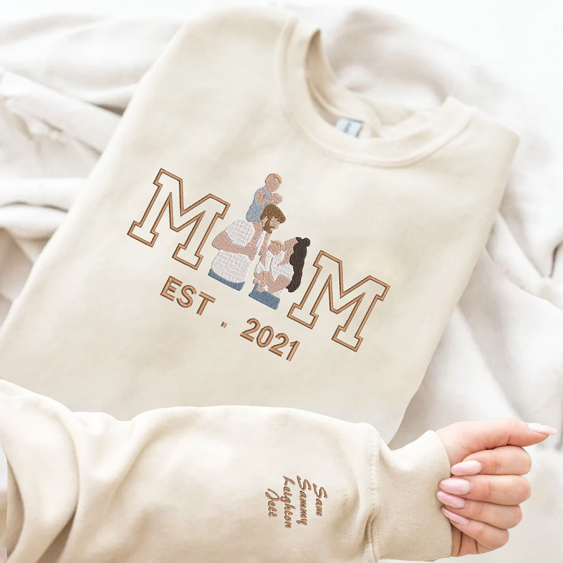 Personalized Sweatshirt Embroidered Custom Family Photo with Mom Design Great Mother's Day Gift