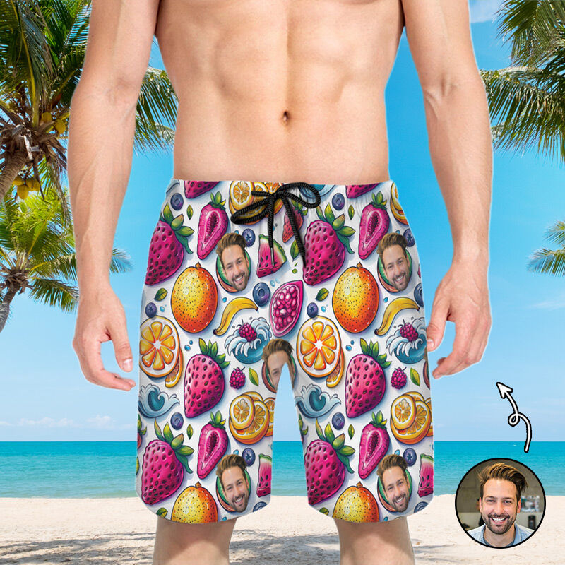 Personalized Picture Men's Beach Shorts with Fruits Pattern Interesting Present for Papa