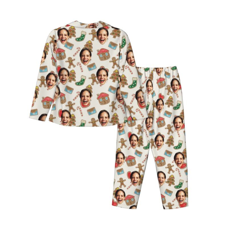 Personalized Pajamas Custom Photo Lovely Gingerbread Man Cottage Pattern Design Christmas Gift for Her