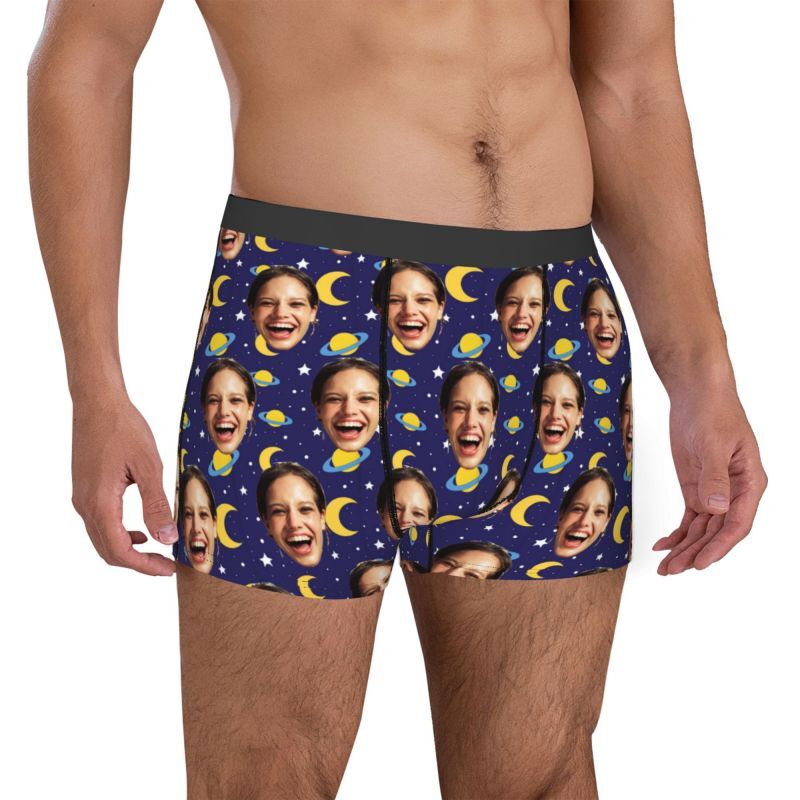 Boxer personnalisé avec photo pour homme avec motif de lune, meilleur cadeau pour petit ami