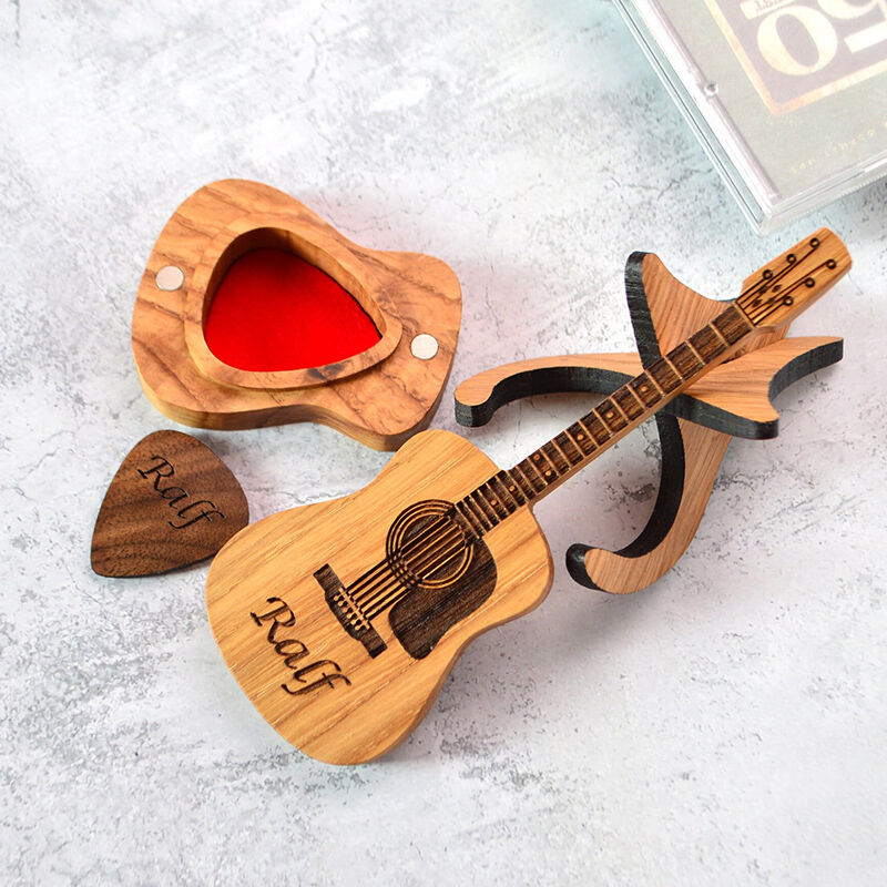Personalisiertes Holz-Gitarrenfach Mit Plektrum Schönes Geschenk für Musikliebhaber