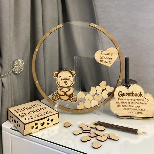 Personalized Cute Bear Wooden Acrylic Custom Name Guest Book with Inserts Box