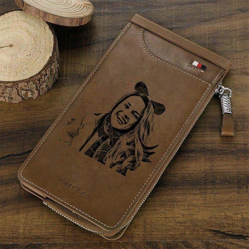 Portefeuille porte-cartes photo gravé personnalisé en cuir brun