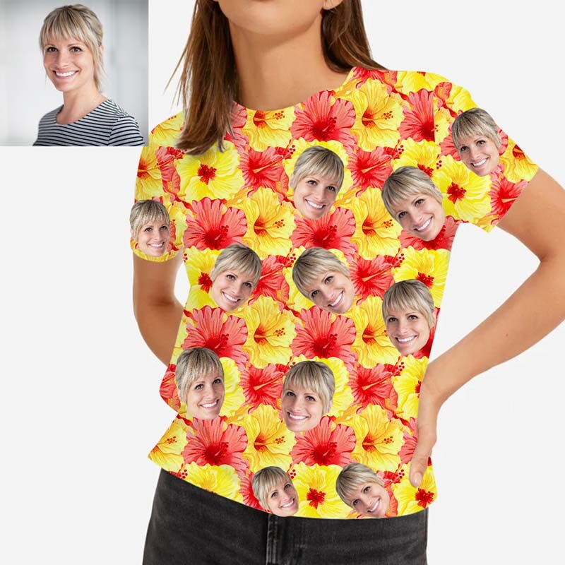T-shirt hawaïen personnalisé avec fleurs rouges et jaunes