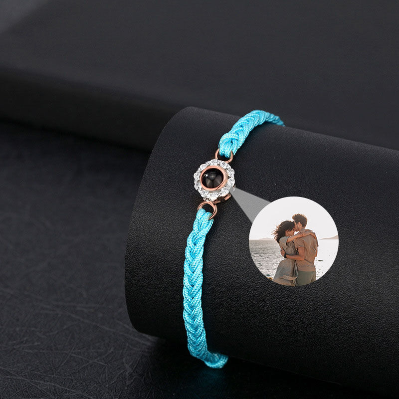 Personalisiertes Kreis Foto Projektion Geflochtenes Armband mit Steinen Blau
