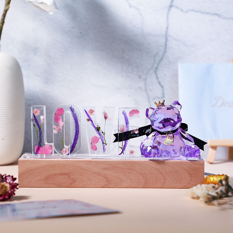 Lampe à lettres en résine Fleurs séchées personnalisée Ourson violet - Pour chéri