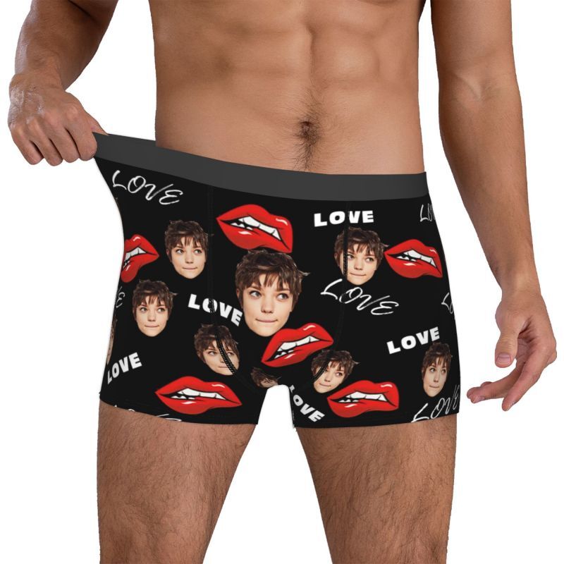 Calzoncillos tipo bóxer para hombre con foto personalizada y estampado de boca roja, regalo genial para novio