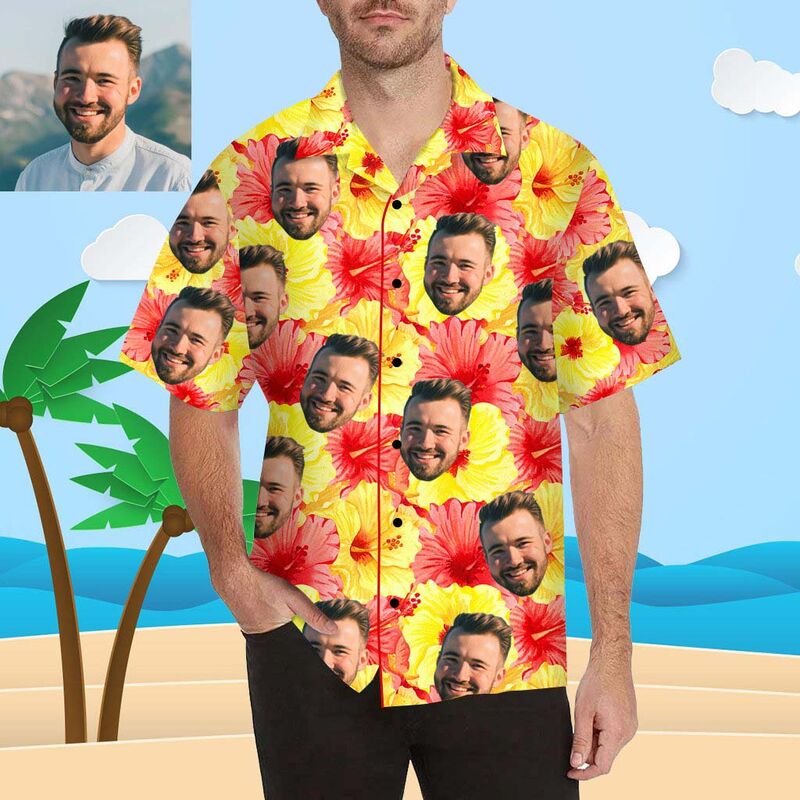 Chemise hawaïenne à impression intégrale pour hommes, avec visage personnalisé, rouge et jaune hibiscus