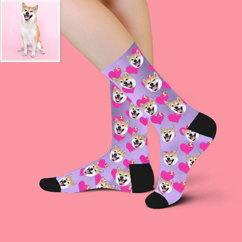Personalized Pet Face Picture Socks Printed with Hot Pink Hearts