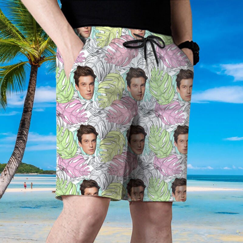 Personalized Picture Men's Beach Shorts with Coconut Tree Leaves Pattern Simple Gift for Boyfriend