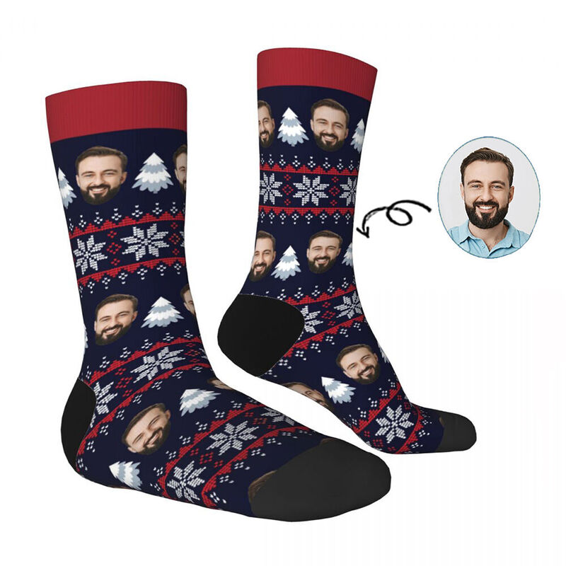 Personalized Face Socks with White Tree and Snowflake Pattern Men's Socks for Christmas