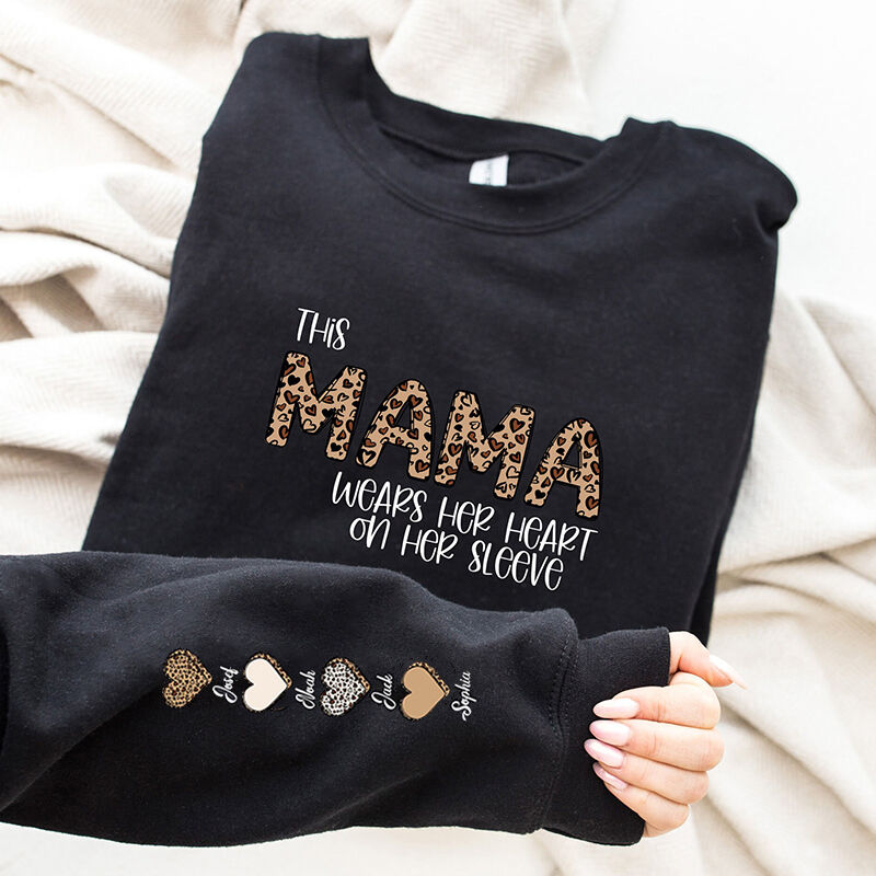 Personalized Sweatshirt This Mama Wears Her Heart On Her Sleeve with Custom Names Warm Mother's Day Gift