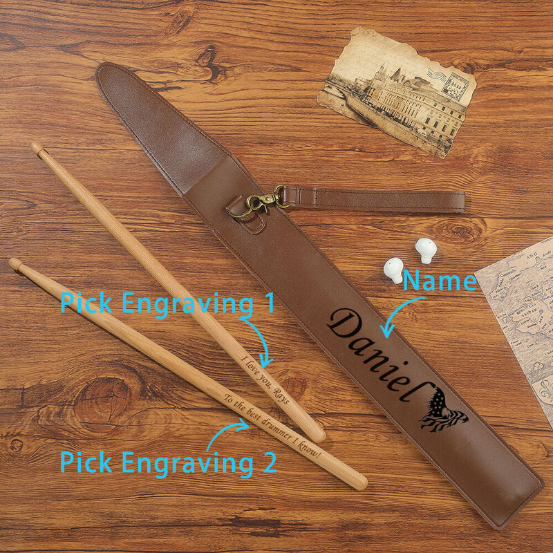 Personalisierter Leder-Drumstick-Halter Drumstick-Tasche mit einem Paar Drumsticks Geschenk für Schlagzeuger
