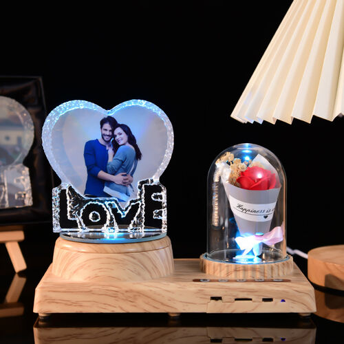 Altoparlante Bluetooth Leggero Cristallo e Fiore Personalizzato con Foto per Coppia