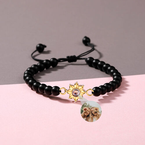 Personalized Photo Black Beaded Projection Bracelet With Sunflowers