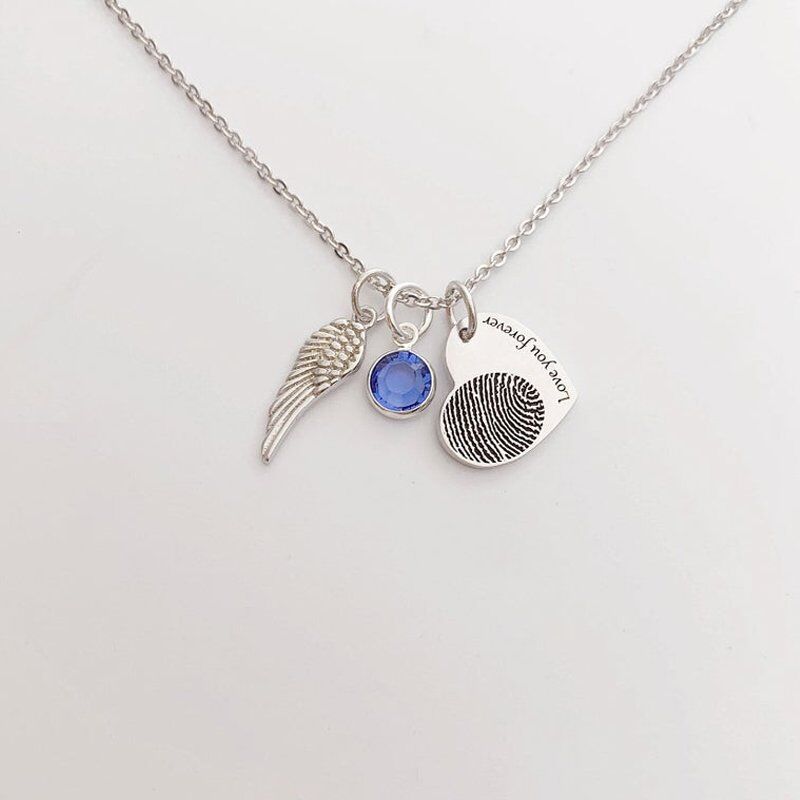 Personalised Heart Fingerprint Necklace with Birthstone& Handwriting