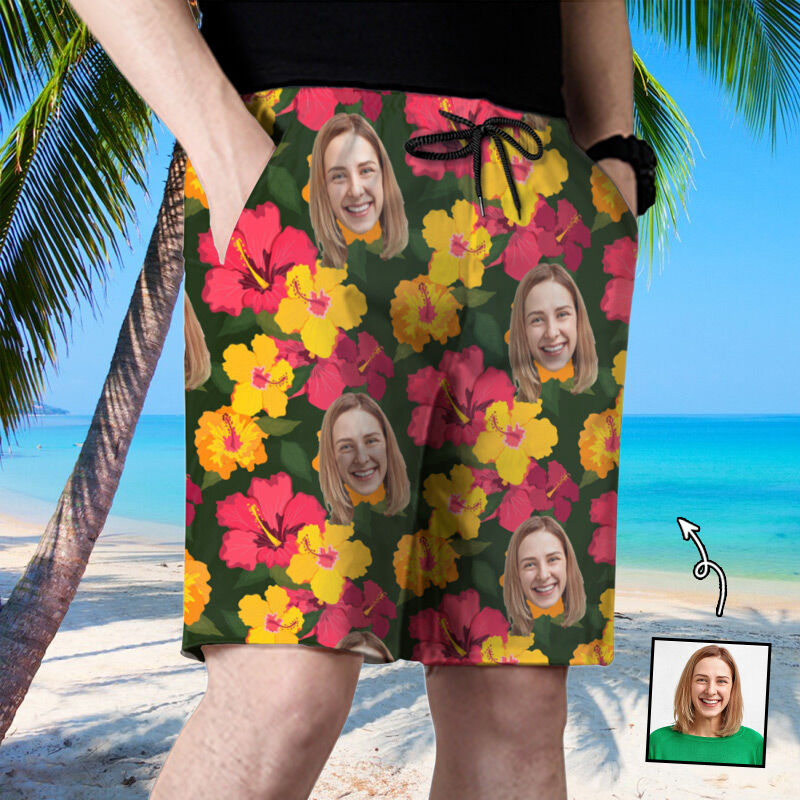 Personalized Picture Men's Beach Shorts Beautiful Flowers Pattern Best Present for Family