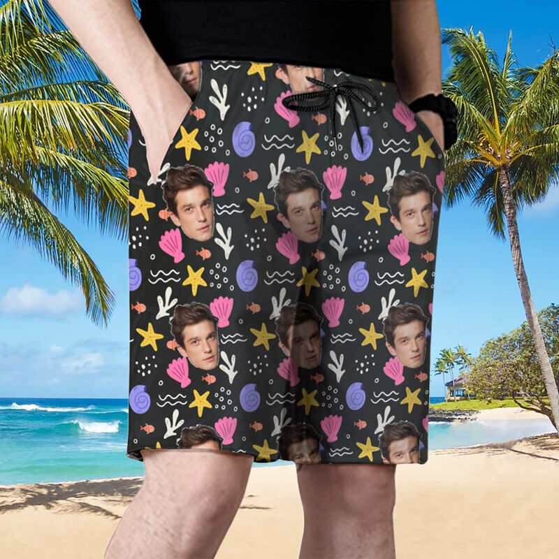 Personalized Picture Men's Beach Shorts with Conch Pattern Cute Gift for Daddy