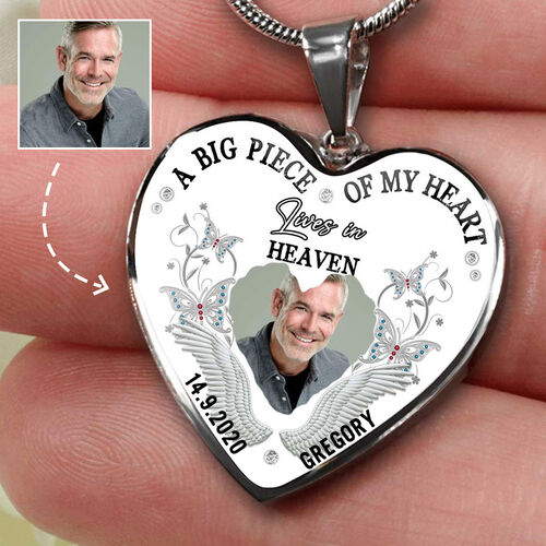 Personalized A Big Piece Of My Heart Lives In Heaven Memorial Photo Necklace