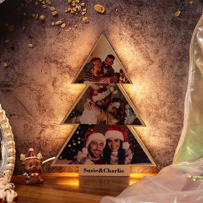 Regalo de Árbol de Navidad de Madera Personalizado Luz de Foto para Pareja