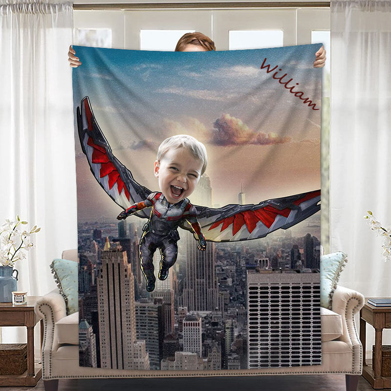 Personalized Custom Photo Blanket Cartoon Character High Altitude City Background Coral Fleece Blanket Gift
