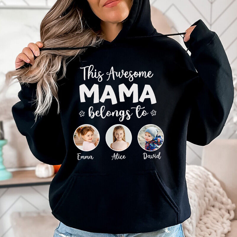 Gepersonaliseerde hoodie This Awesome Mama Belongs To met aangepaste foto's Perfect Moederdagcadeau