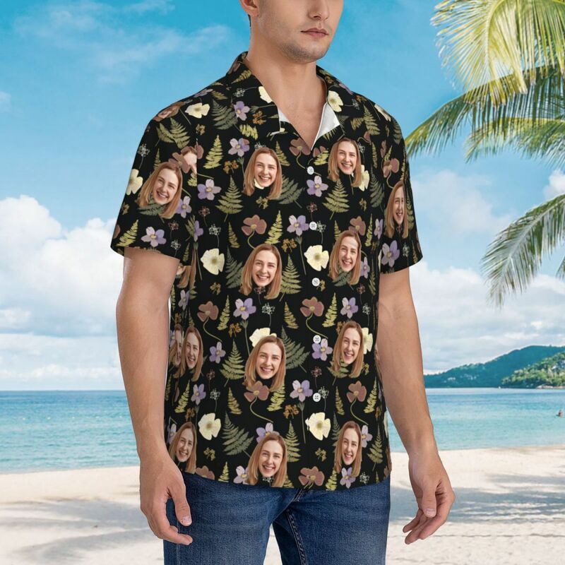 Camisa Hawaiana Personalizada Negra con Estampado Floral para Hombre