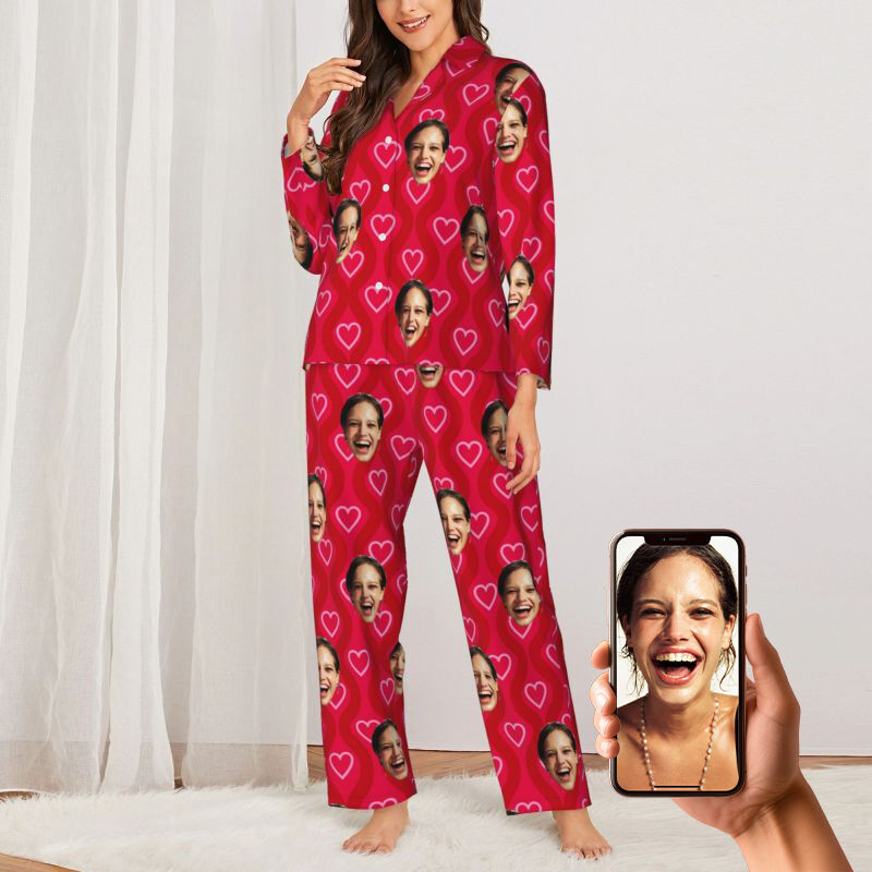 Personalized Pajamas Custom Photo Red Shining Love Heart Pattern Design Attractive Gift for Her