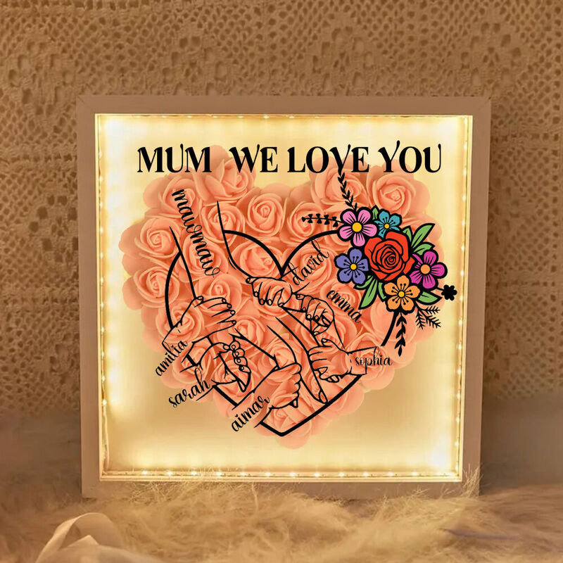 Personalized Flower Shadow Box Photo Frame with Light Customized Hand-in-Hand Pattern Mother's Day Gift
