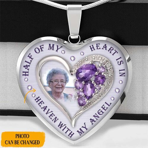 "Half Of My Heart Is In Heaven With My  Angel" Personalized Memorial Photo Necklace