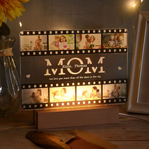 Lampe en bois acrylique personnalisée avec photo gravée et lettrage pour Maman