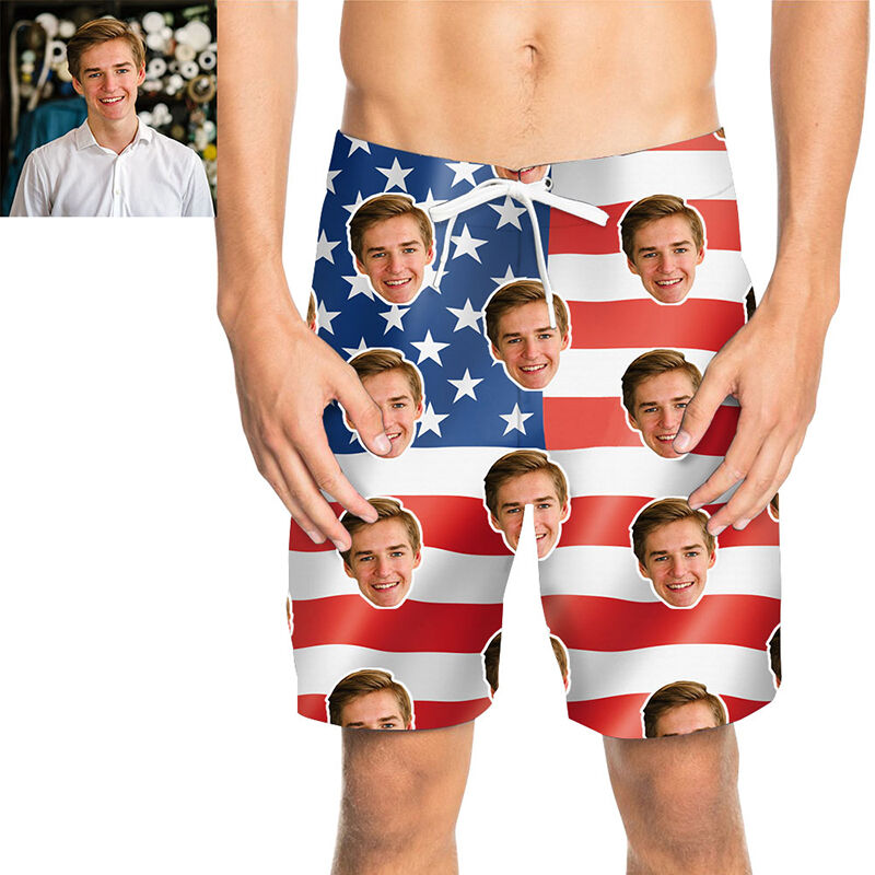 Custom Face American Flag Men's Beach Shorts