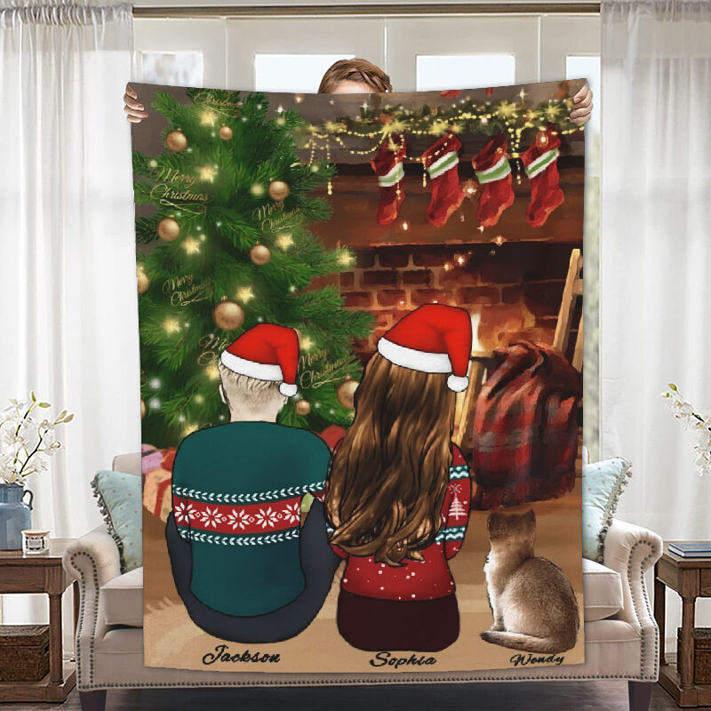 Personalized Name Blanket with Christmas Tree Pattern Warm Gift for Family